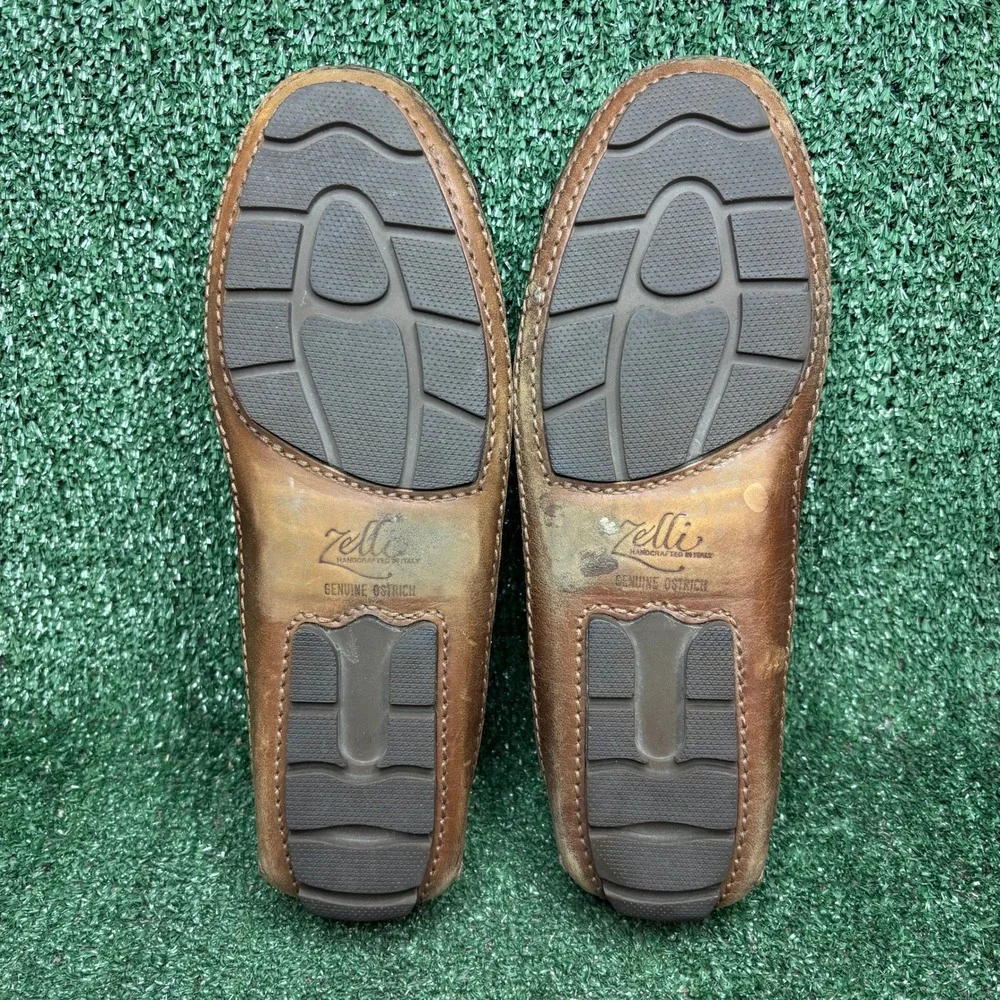 Zelli Genuine Ostrich Leather Penny Loafer Driver Classic Luxury Brown Mens 12 M